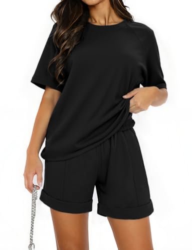 Totatuit Damen Sportanzug Zweiteiler Kurzarm Trainingsanzug Set, Sommer Jogginganzug,Einfarbig mit Rundhalsausschnitt,Hausanzug Sport Outfit von Totatuit