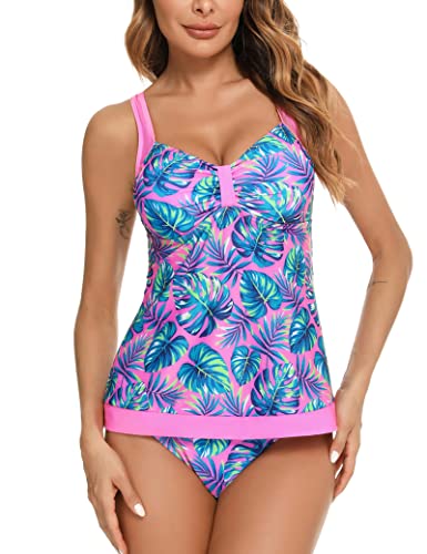 Totatuit Damen Tankini Zweiteiler Badeanzug Push Up Bauchweg Bikini Set mit Hot Pants Drucken Sommer Strandkleid Bademoden Style-3 L von Totatuit