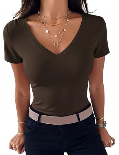Totatuit Tshirt Damen Sommer V Ausschnitt Shirt Kurzarm Oberteil Elegant Basic T-Shirt Stretch Braun XXL von Totatuit