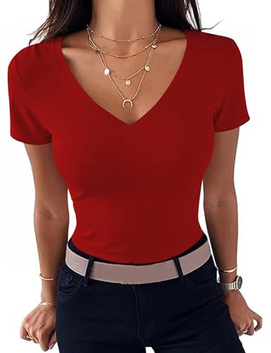 Totatuit Tshirt Damen Sommer V Ausschnitt Shirt Kurzarm Oberteil Elegant Basic T-Shirt Stretch Rot XXL von Totatuit