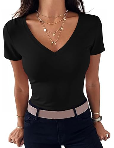 Totatuit Tshirt Damen Sommer V Ausschnitt Shirt Kurzarm Oberteil Elegant Basic T-Shirt Stretch Schwarz XXL von Totatuit