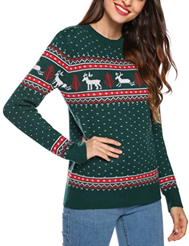 Totatuit Weihnachten Pullover Damen Lang Strickpulli Christmas Reindeer Strickpullover Unisex Rundhals Jumper für Party Grün-Damen L von Totatuit