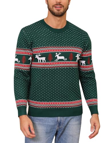 Totatuit Weihnachten Pullover Herren Lang Strickpulli Christmas Reindeer Strickpullover Unisex Rundhals Jumper für Party Grün-Herren L von Totatuit