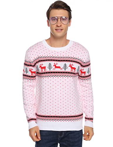 Totatuit Weihnachten Pullover Herren Lang Strickpulli Christmas Reindeer Strickpullover Unisex Rundhals Jumper für Party Weiß-Herren XXL von Totatuit