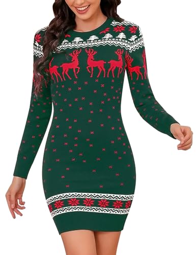Totatuit Weihnachtskleid Strickkleid Damen Rundhals Weihnachten Pulloverkleid Weich Reindeer Pullikleid mit Schneeflocken Muste von Totatuit