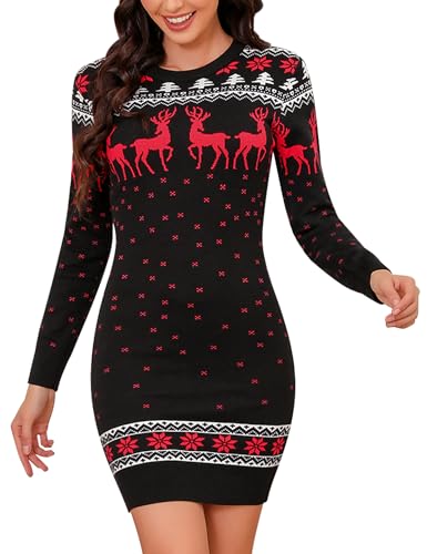 Totatuit Weihnachtskleid Strickkleid Damen Rundhals Weihnachten Pulloverkleid Weich Reindeer Pullikleid mit Schneeflocken Muste von Totatuit