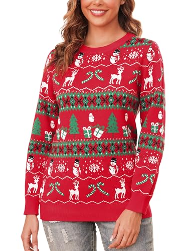 Totatuit Weihnachtspullover Damen Christmas Sweater mit Rentiermuster Strickpulli Langarm Warme Strickpullover Rundhals Pullover für Weihnachten Party im Winter von Totatuit