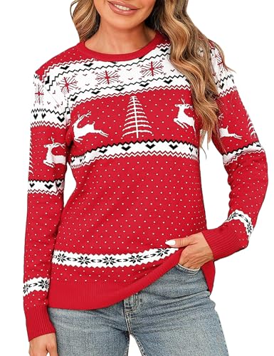 Totatuit Weihnachtspullover Damen Hässliche Christmas Sweater Feinstrick Strickpullover Xmas Sweater Jumper für Weihnachtsparty 739-Rot L von Totatuit