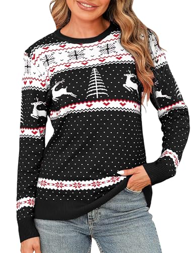 Totatuit Weihnachtspullover Damen Hässliche Christmas Sweater Feinstrick Strickpullover Xmas Sweater Jumper für Weihnachtsparty 739-Schwarz L von Totatuit