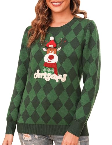 Totatuit Weihnachtspullover Damen Herren Lustig Weihnachtspulli Ugly Christmas Sweater Rundhals mit Reindeer Unisex Weihnachts Pullover Pärchen Weihnachtsoutfit Damen-Grün L von Totatuit