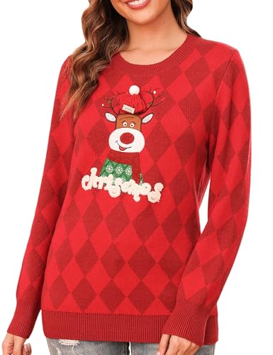 Totatuit Weihnachtspullover Damen Herren Lustig Weihnachtspulli Ugly Christmas Sweater Rundhals mit Reindeer Unisex Weihnachts Pullover Pärchen Weihnachtsoutfit Damen-Rot XL von Totatuit