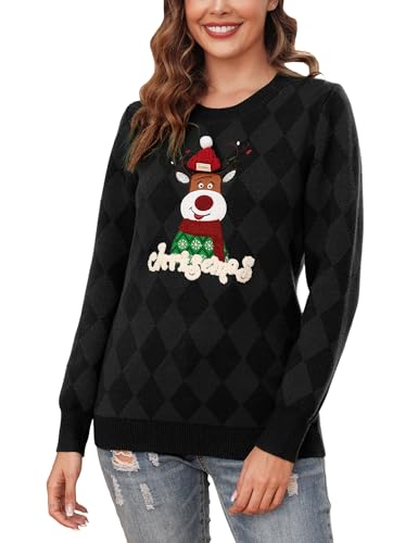 Totatuit Weihnachtspullover Damen Herren Lustig Weihnachtspulli Ugly Christmas Sweater Rundhals mit Reindeer Unisex Weihnachts Pullover Pärchen Weihnachtsoutfit Damen-Schwarz XL von Totatuit