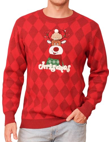 Totatuit Weihnachtspullover Damen Herren Lustig Weihnachtspulli Ugly Christmas Sweater Rundhals mit Reindeer Unisex Weihnachts Pullover Pärchen Weihnachtsoutfit Herren-Rot S von Totatuit