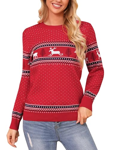 Totatuit Weihnachtspullover Damen Rundhals Weihnachten Pulli Lustige Strickpullover Xmas Gestrickte Jumper Ugly Christmas Sweater mit Weihnachtsbaum Rot-Damen M von Totatuit