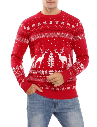 Totatuit Weihnachtspullover Herren Rundhals Weihnachten Pulli Lustige Strickpullover Xmas Gestrickte Jumper Ugly Christmas Sweater mit Weihnachtsbaum Rot-Herren-1 L von Totatuit