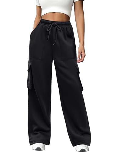 Totatuit Y2K Cargohose für Damen, Hose mit hoher Taille und weitem Bein und 4 Taschen Wanderhose Sport Jogginghose mit Elastischen Knöcheln Schwarz L von Totatuit
