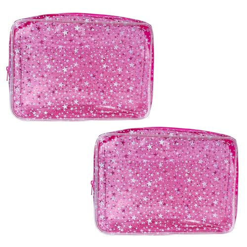 TotePrint 2er-Set Dunkelrosa PVC Durchsichtige Kosmetiktaschen mit Sternenmuster Mädchen tragen Taschen 9.84''×7.08''×2.36'' (Dunkelrosa) von TotePrint