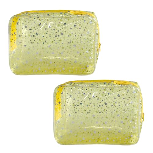 TotePrint 2er-Set Hellgelb Durchsichtige Kosmetiktaschen mit Sternenmuster Mädchen tragen Taschen 9.84''×7.08''×2.36'' (Hellgelb) von TotePrint