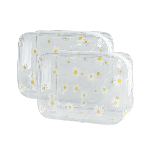 TotePrint 2pcs Wasserfeste PVC Make-up-Tasche mit Gänseblümchen-Muster und Reißverschluss - Ideal für Damen und Herren, Größe 18x12x6cm (Transparent-M) von TotePrint
