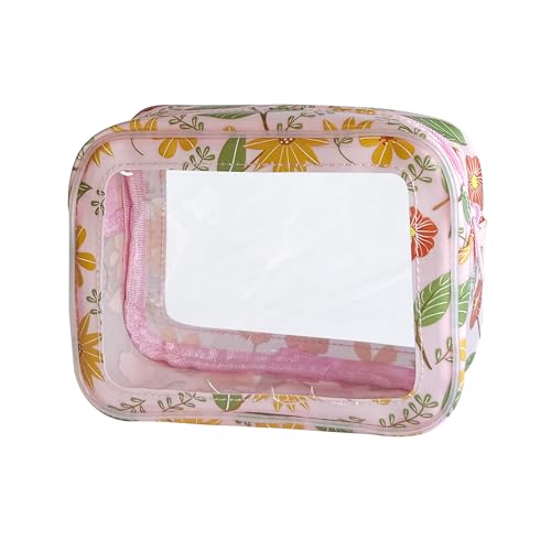 TotePrint Blaue PVC-Kosmetiktasche – wasserdichte transparente Make-up-Tasche mit Reißverschluss, 18 x 13 x 6 cm, Reise-Kulturbeutel für Damen und Herren, Rosa + rote Blumen, Größe S, Modern von TotePrint