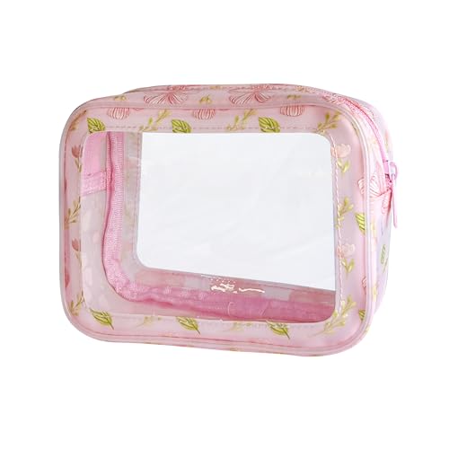 TotePrint Durchsichtige Kosmetiktasche Klein Kosmetiktasche aus PVC Wasserfest 18×13×6.5 cm mit Blumenmuster für Damen und Herren (Rosa + Blätter) von TotePrint