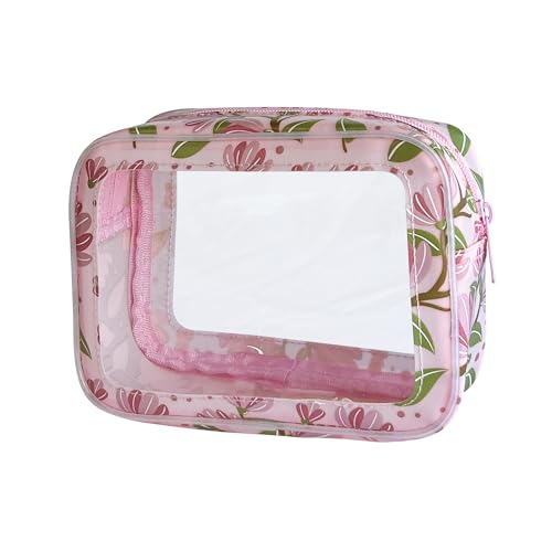 TotePrint Durchsichtige Kosmetiktasche Klein Kosmetiktasche aus PVC Wasserfest 18×13×6.5 cm mit Blumenmuster für Damen und Herren (Rosa + Blumen) von TotePrint