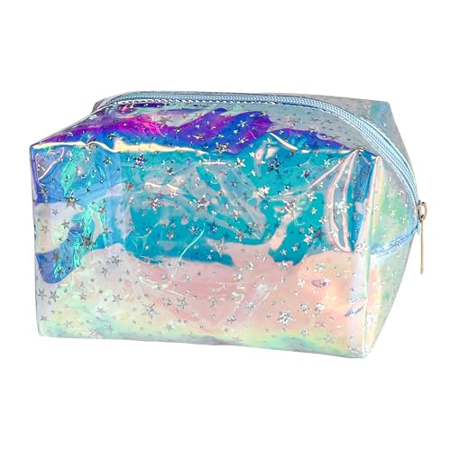 TotePrint Holografische Sternen Kosmetiktasche aus PVC (18×11×10cm) – wasserdichte Reisetasche für Damen & Herren, Leicht zu Reinigen mit Glänzendem Design (Blue) von TotePrint