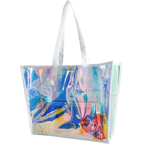 TotePrint Holografische Strandtasche, wasserdicht, 40 x 35 x 14 cm, transparente PVC-Tragetasche für Damen und Herren, Unisex, schillernde Pooltasche, Weiss/opulenter Garten, Large von TotePrint