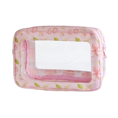 TotePrint PVC-Kosmetiktasche – wasserdichte, transparente Make-up-Tasche mit Reißverschluss, 21,6 x 13 x 7,9 cm, Reise-Kulturbeutel für Damen und Herren, leicht und TSA-freundlich, Rosa + Blätter von TotePrint
