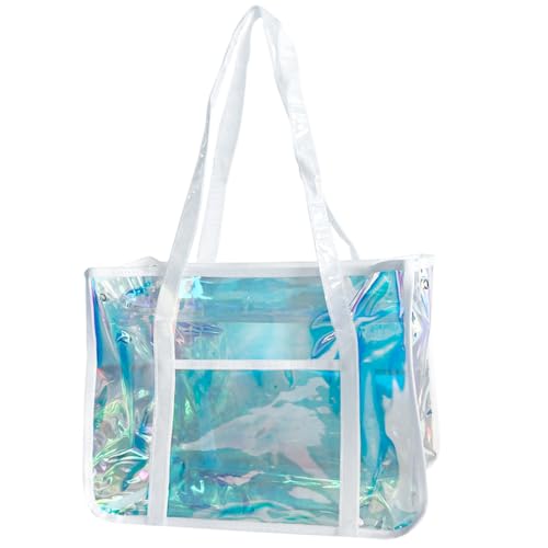 TotePrint Stylish Women's Handbag Extra Large Holographic Beach Tote Bag TPU Material Rainbow Clear Waterproof Shoulder Bag (Blau und weiß.) von TotePrint