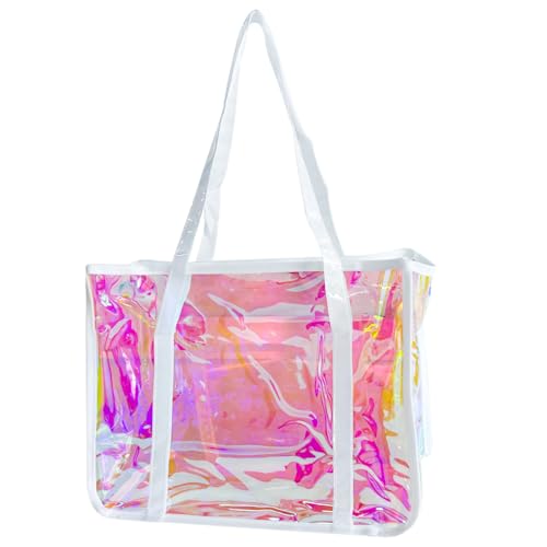 TotePrint Stylish Women's Handbag Extra Large Holographic Beach Tote Bag TPU Material Rainbow Clear Waterproof Shoulder Bag (Pink und weiß.) von TotePrint