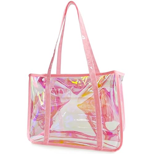 TotePrint Stylish Women's Handbag Extra Large Holographic Beach Tote Bag TPU Material Rainbow Clear Waterproof Shoulder Bag (pink) von TotePrint