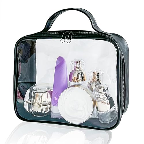 TotePrint TSA-zugelassene transparente Make-up-Tasche mit Reißverschluss, wasserdicht und auslaufsicher, PVC, transparent, Reise-Kulturbeutel mit schwarzem Ledergriff, perfekt für Damen und Herren, von TotePrint