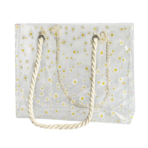 TotePrint Transparente Strandtasche Mit Geflochtenen Griffen, Wasserdicht Schulter Tote Bag, Arbeit Schulter Tote Bag 15.75'' ×11.81'' ×3.94'' (Clear+Daisy) von TotePrint