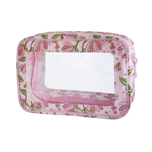 TotePrint Transparente Wasserfeste Kosmetiktasche aus PVC mit Blumenmuster, 21x13.5x7cm Reise-Organizer für Tagespflege Damen & Herren (Rosa + Blumen) von TotePrint