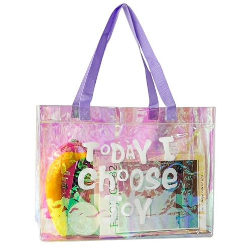TotePrint Wasserdichte Strandtasche mit Buchstaben-Druck & Hologramm-Effekt (40x30x10cm) - PVC Regenbogenfarbe Strandbeutel für Damen 1er Pack (Purple-D2094-2) von TotePrint