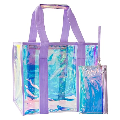 TotePrint Wasserdichte transparente PVC-Strandtasche mit Handytasche, holografisches Violett, extra groß, sanddicht (43 x 30 x 20 cm), Violett, Large, Strandtasche von TotePrint