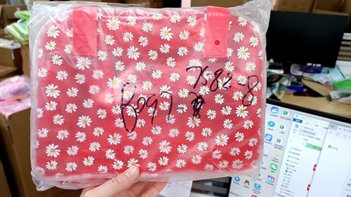 TotePrint große Kosmetiktasche Mode Gänseblümchen Muster Transparente Make-up-Tasche Damen PVC Wasserdicht, 26 cm x 19 cm x 10 cm (Rot + Gewebte Handgriff) von TotePrint
