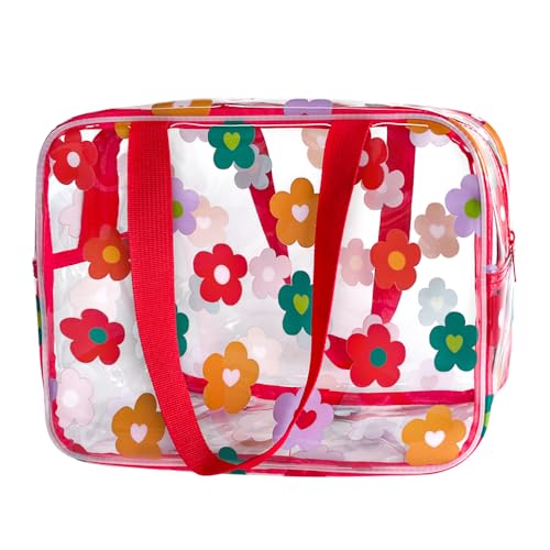 TotePrint wasserdichte Blumenmuster PVC Kosmetiktasche 30×21×11cm - Reißverschluss Tragetasche für Damen Herren Reise Schwimmbad Urlaub (Red+Flowers) von TotePrint