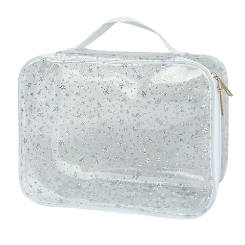 TotePrint wasserdichte Glitzer PVC Kosmetiktasche mit Sternenmuster 25×18×10cm - Reißverschluss Schminktasche für Damen Herren Reise Schwimmbad (Weiß) von TotePrint