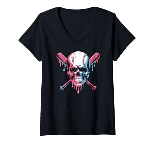 Damen Baseball-Totenkopf Tropfende Gekreuzte Fledermäuse T-Shirt mit V-Ausschnitt von Totenkopf Baseball Liebhaber Halloween Kostüm