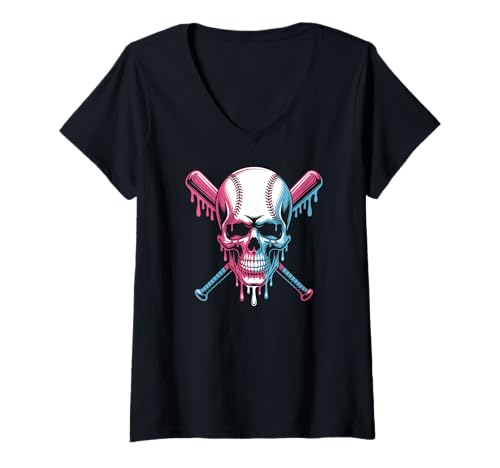 Damen Baseball-Totenkopf Tropfende Gekreuzte Fledermäuse T-Shirt mit V-Ausschnitt von Totenkopf Baseball Liebhaber Halloween Kostüm