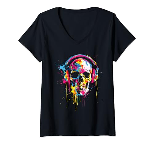 Damen Totenkopf Bunt Kopfhörer 80er Retro farbenfroh Farbspritzer T-Shirt mit V-Ausschnitt von Totenkopf Bunt Kopfhörer 80er farbenfroh