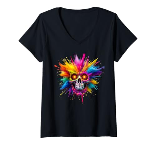 Damen Totenkopf bunt farbenfroh Farbspritzer Design bunter Schädel T-Shirt mit V-Ausschnitt Damen Totenkopf bunt farbenfroh Farbspritzer Design bunter Schädel T-Shirt mit V-Ausschnitt von Totenkopf Bunt Tropfen Farbiger Schädel Design