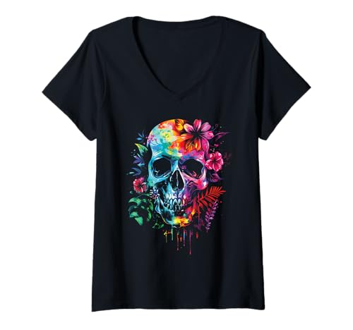 Damen Vintage Totenkopf für Damen Boho Schädel mit Blumen T-Shirt mit V-Ausschnitt von Totenkopf für Damen Boho Schädel Blumen