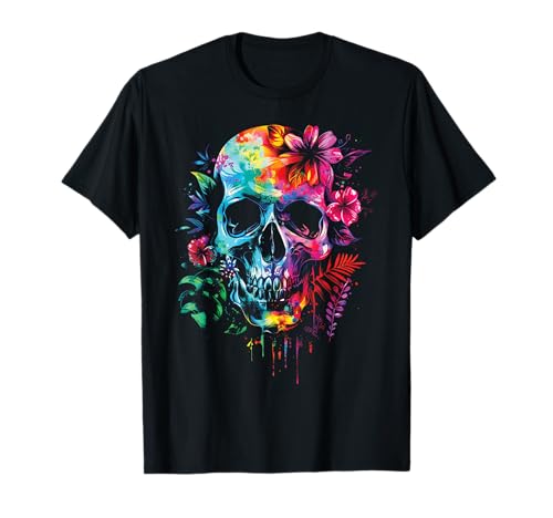 Vintage Totenkopf für Damen Boho Schädel mit Blumen T-Shirt von Totenkopf für Damen Boho Schädel Blumen