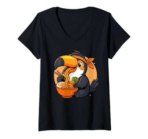 Damen Kawaii Tucan Essen Ramen Grafik Japanische Tukan-Grafik T-Shirt mit V-Ausschnitt Damen Kawaii Tucan Essen Ramen Grafik Japanische Tukan-Grafik T-Shirt mit V-Ausschnitt von Toucan Eating Ramen Funny Japanese Kawaii Design