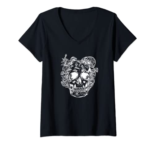 Damen Pilz Jagd Schädel Goth Pilz Jäger Goth Schädel T-Shirt mit V-Ausschnitt von ToucanTees