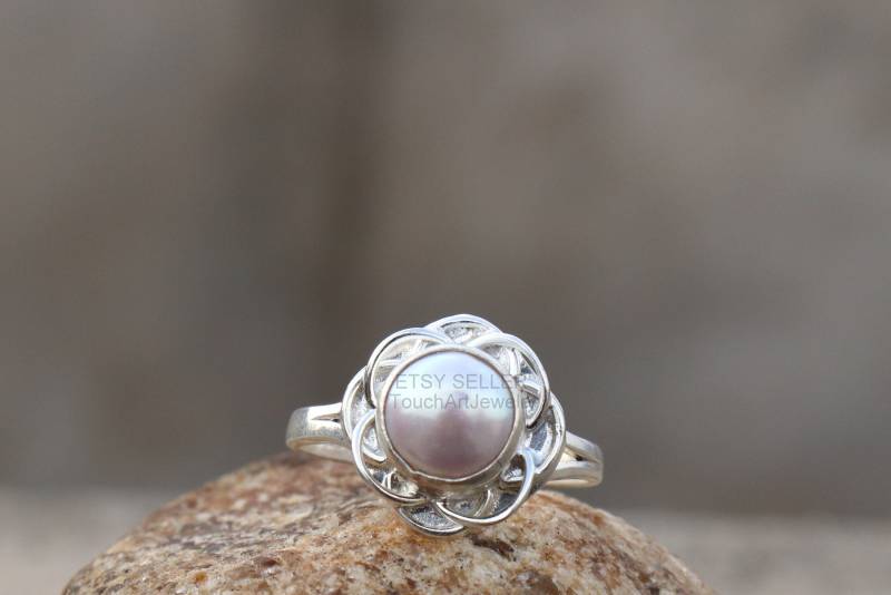 Natürlicher Perlenring - 925 Sterling Silber Ring Weißer Perlenschmuck Runder Handgemachter Juni Geburtsstein von TouchArtJewelry