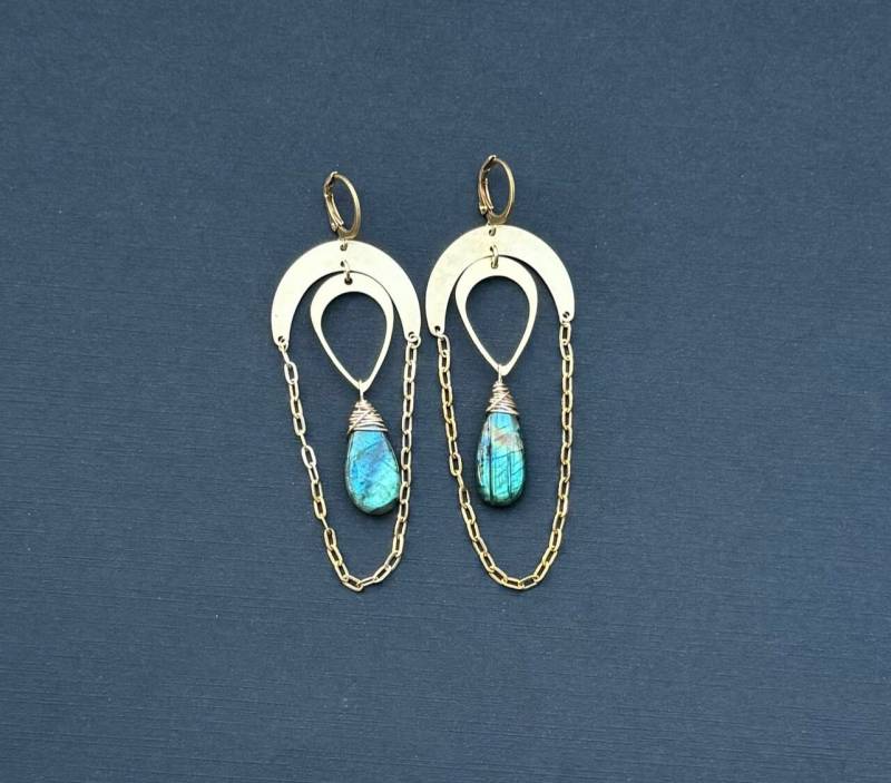 Labradorit Gold Baumeln Ohrringe, Schmuck, Glatt Labradorit, Stein Kristall Ohrringe von TouchOfStoneDesign
